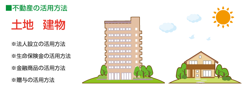 不動産の活用方法　土地　建物　※法人設立の活用方法　※生命保険の活用方法　※金融商品の活用方法　※贈与の活用方法