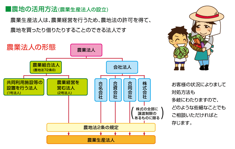 農地の活用方法(農業生産法人の設立)　農業生産法人は、農業経営を行うため、農地法の許可を得て、農地を買ったり借りたりすることのできる法人です。　農業法人の形態　農業法人　農業組合法人　農地法７２条8　共同利用施設等の設置を行う法人（1号法人）　農業経営を営む人（2号法人）　会社法人　合名会社　合資会社　合同会社　株式会社（株式の全部に譲渡制限のあるものに限る）　農地法2条の規定　農業生産法人　お客様の状況により、対処方法も多岐にわたりますので、どのような些細なことでも御相談いただければと存じます。